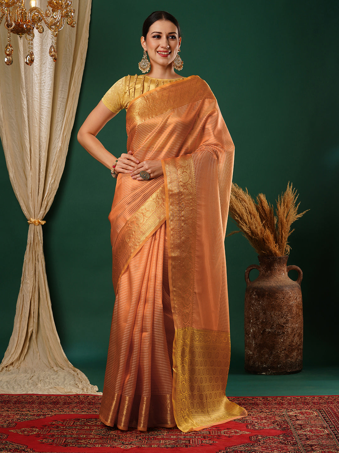 Women's Handloom peach striped banarasi tissue saree with Zari Border