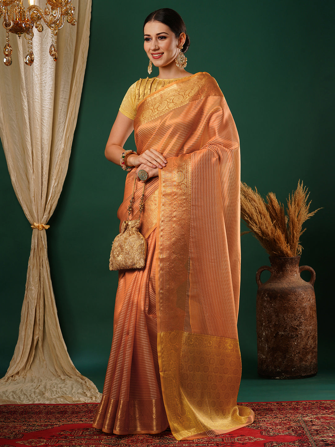 Women's Handloom peach striped banarasi tissue saree with Zari Border