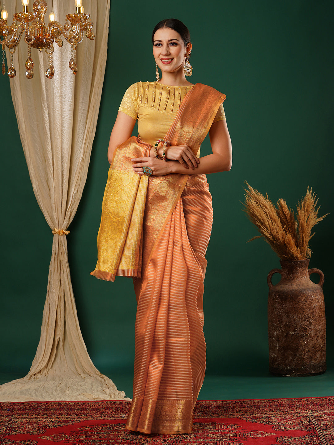 Women's Handloom peach striped banarasi tissue saree with Zari Border