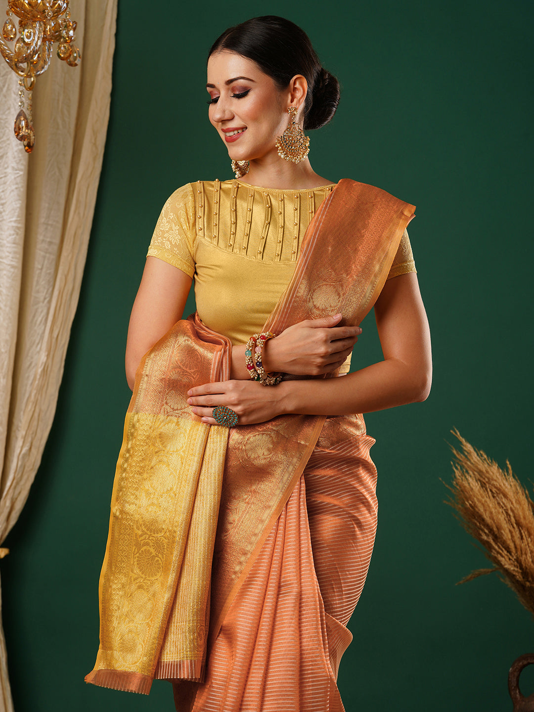 Women's Handloom peach striped banarasi tissue saree with Zari Border