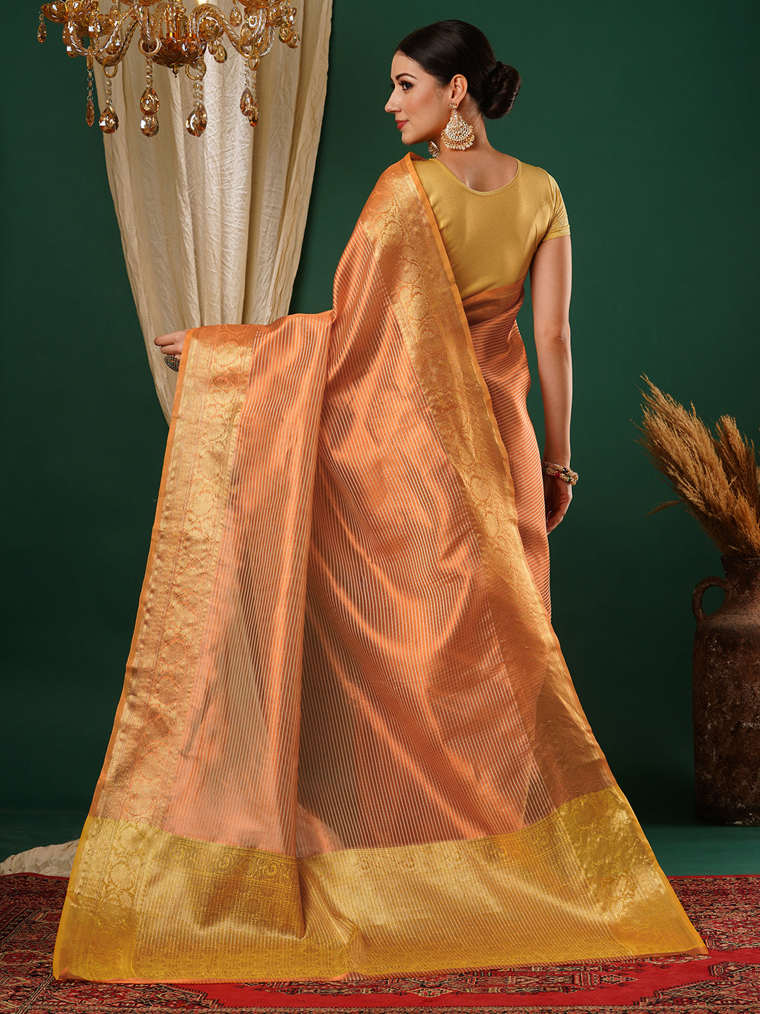 Women's Handloom peach striped banarasi tissue saree with Zari Border