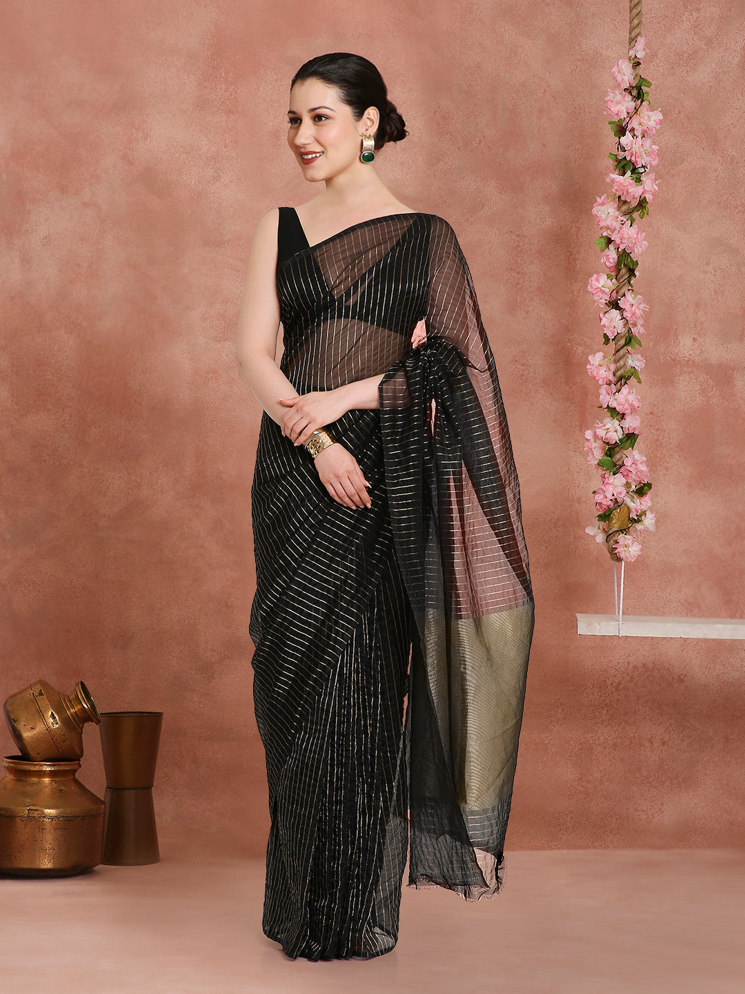 Womens's Handloom Kora Tissue Woven Black striped shimmery saree