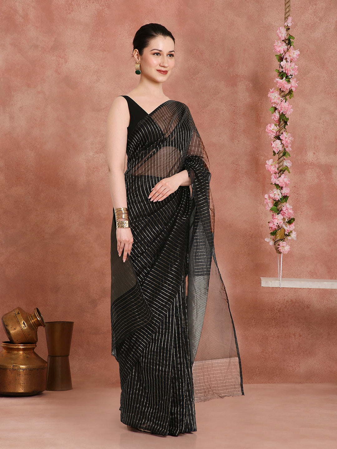 Womens's Handloom Kora Tissue Woven Black striped shimmery saree