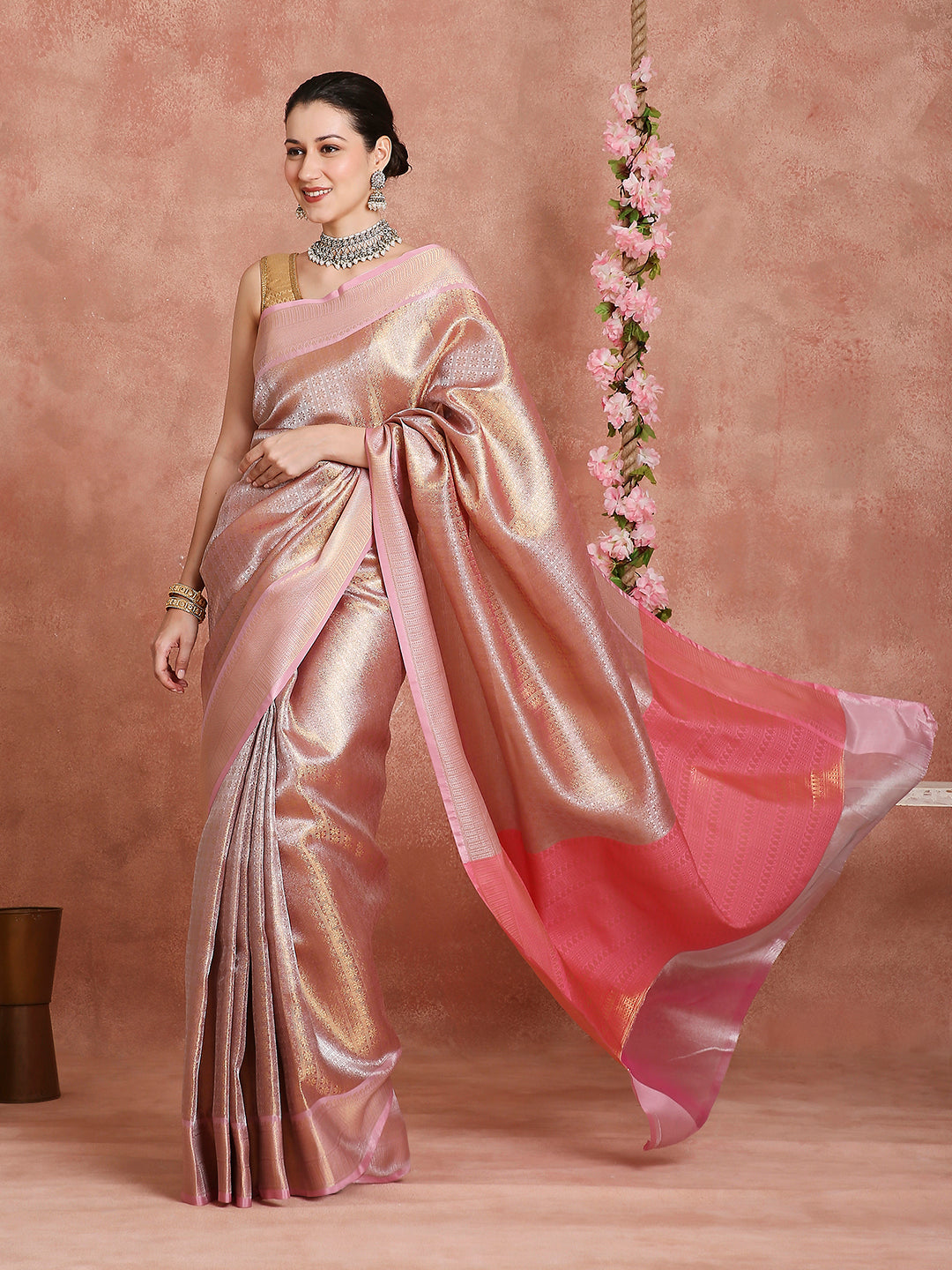 Womens's Handloom Kora Tissue Woven Golden saree with zari pallu