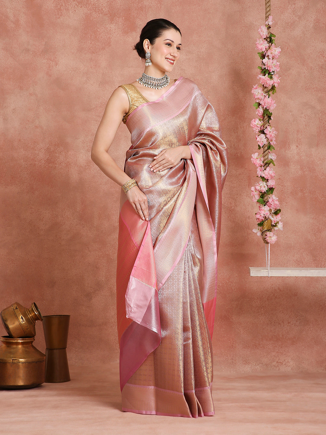 Womens's Handloom Kora Tissue Woven Golden saree with zari pallu