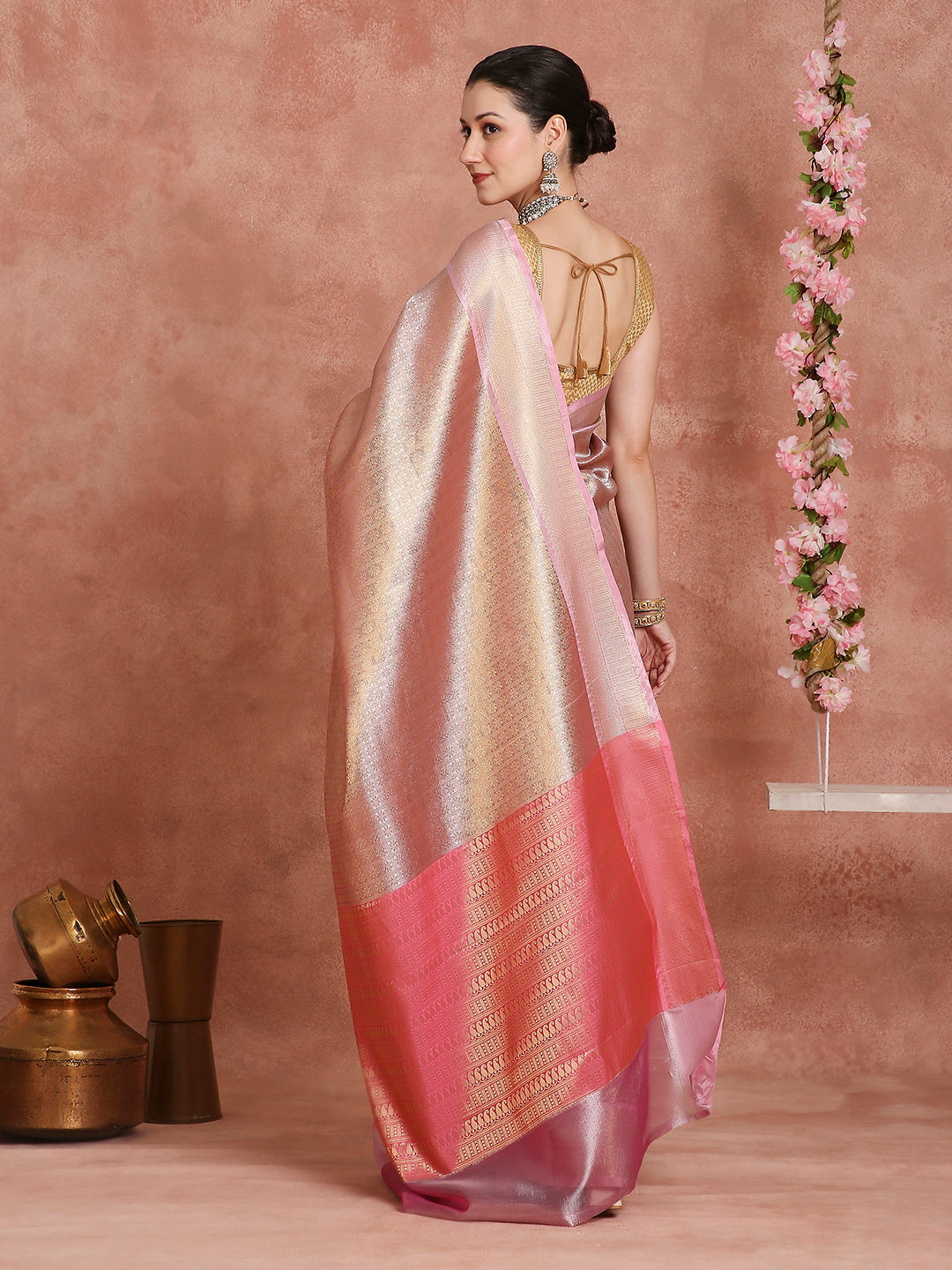 Womens's Handloom Kora Tissue Woven Golden saree with zari pallu