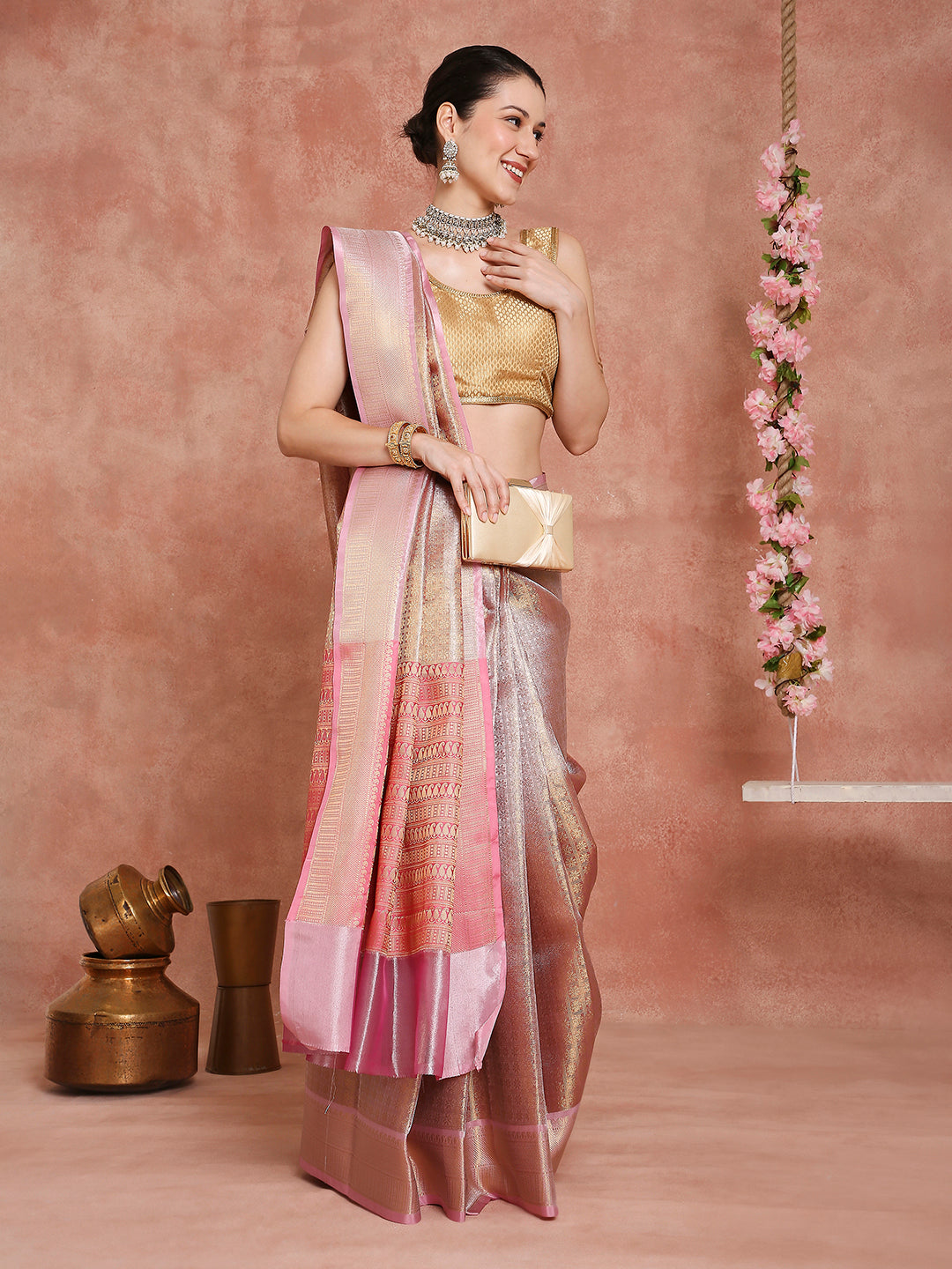 Womens's Handloom Kora Tissue Woven Golden saree with zari pallu