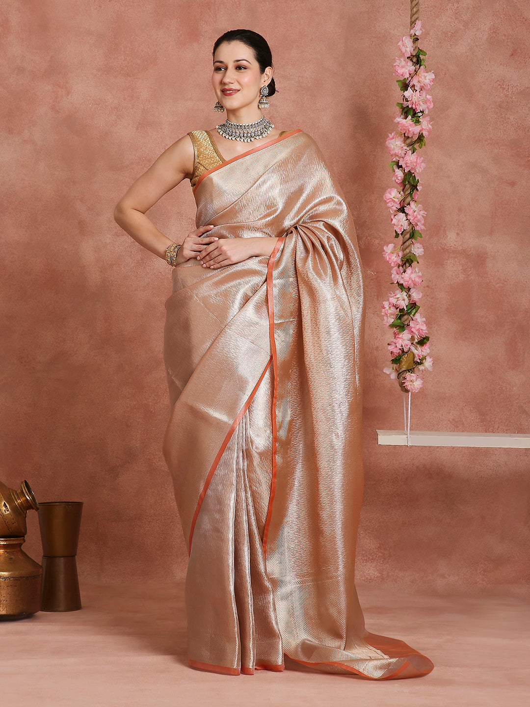 Womens's Handloom Kora Tissue Woven Peach Golden saree with zari pallu