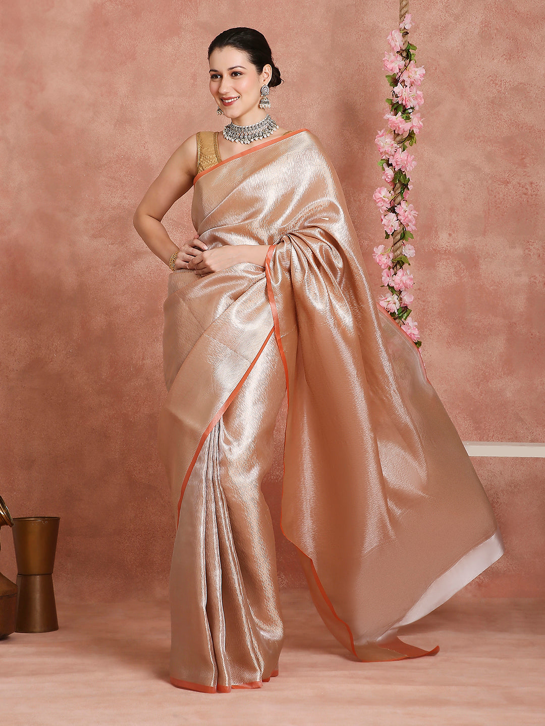 Womens's Handloom Kora Tissue Woven Peach Golden saree with zari pallu