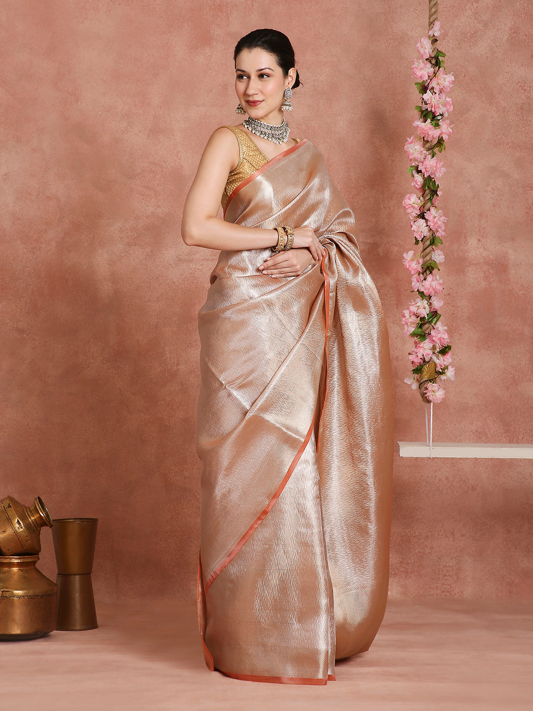 Womens's Handloom Kora Tissue Woven Peach Golden saree with zari pallu