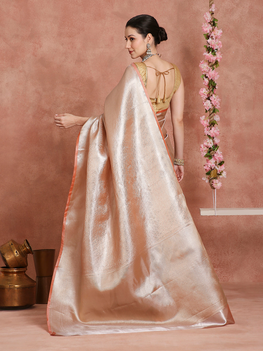 Womens's Handloom Kora Tissue Woven Peach Golden saree with zari pallu