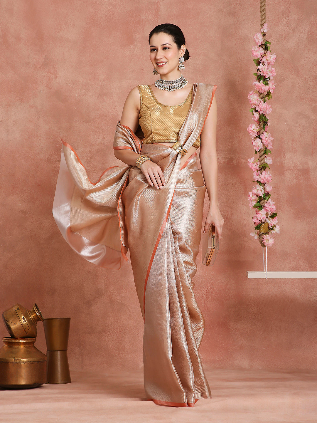 Womens's Handloom Kora Tissue Woven Peach Golden saree with zari pallu