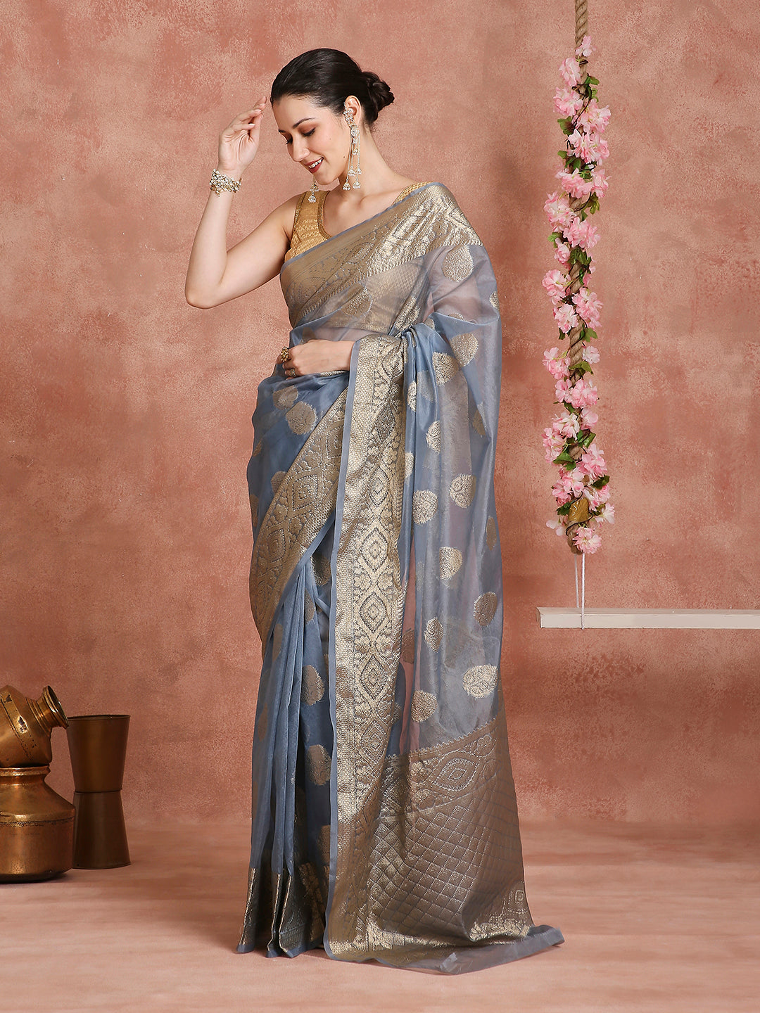 Womens's Handloom Kora Tissue Organza Woven Blue saree with zari pallu