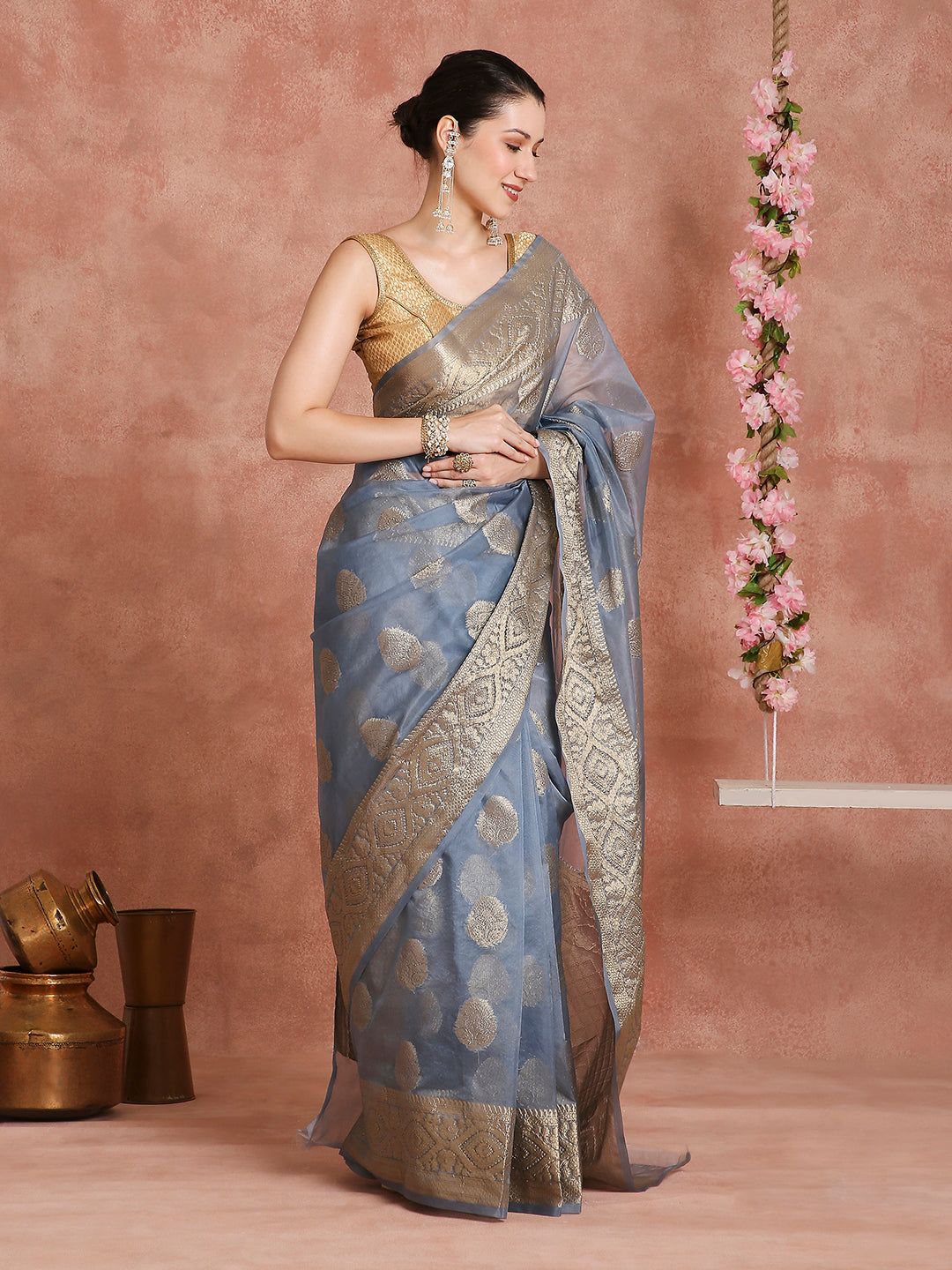 Womens's Handloom Kora Tissue Organza Woven Blue saree with zari pallu