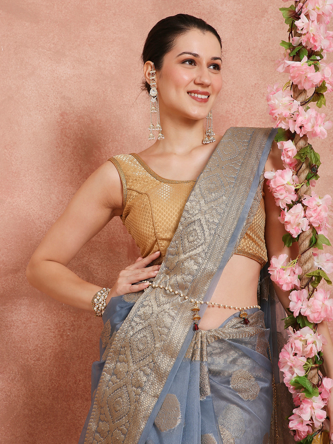 Womens's Handloom Kora Tissue Organza Woven Blue saree with zari pallu