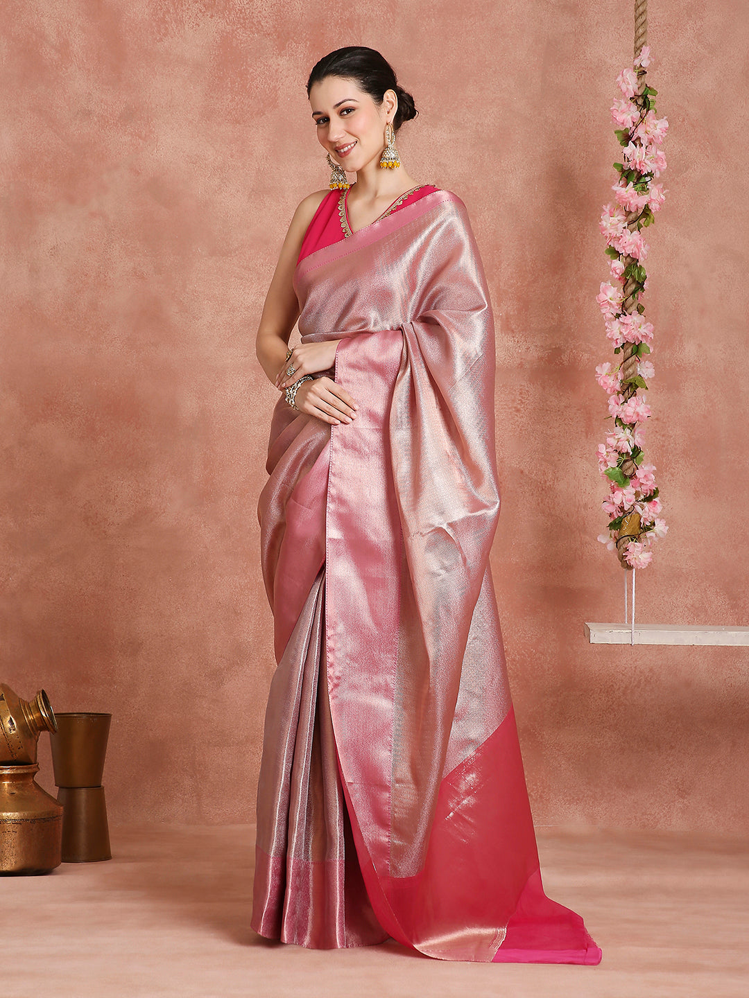 Womens's Handloom Kora Tissue Woven peach saree with zari pallu