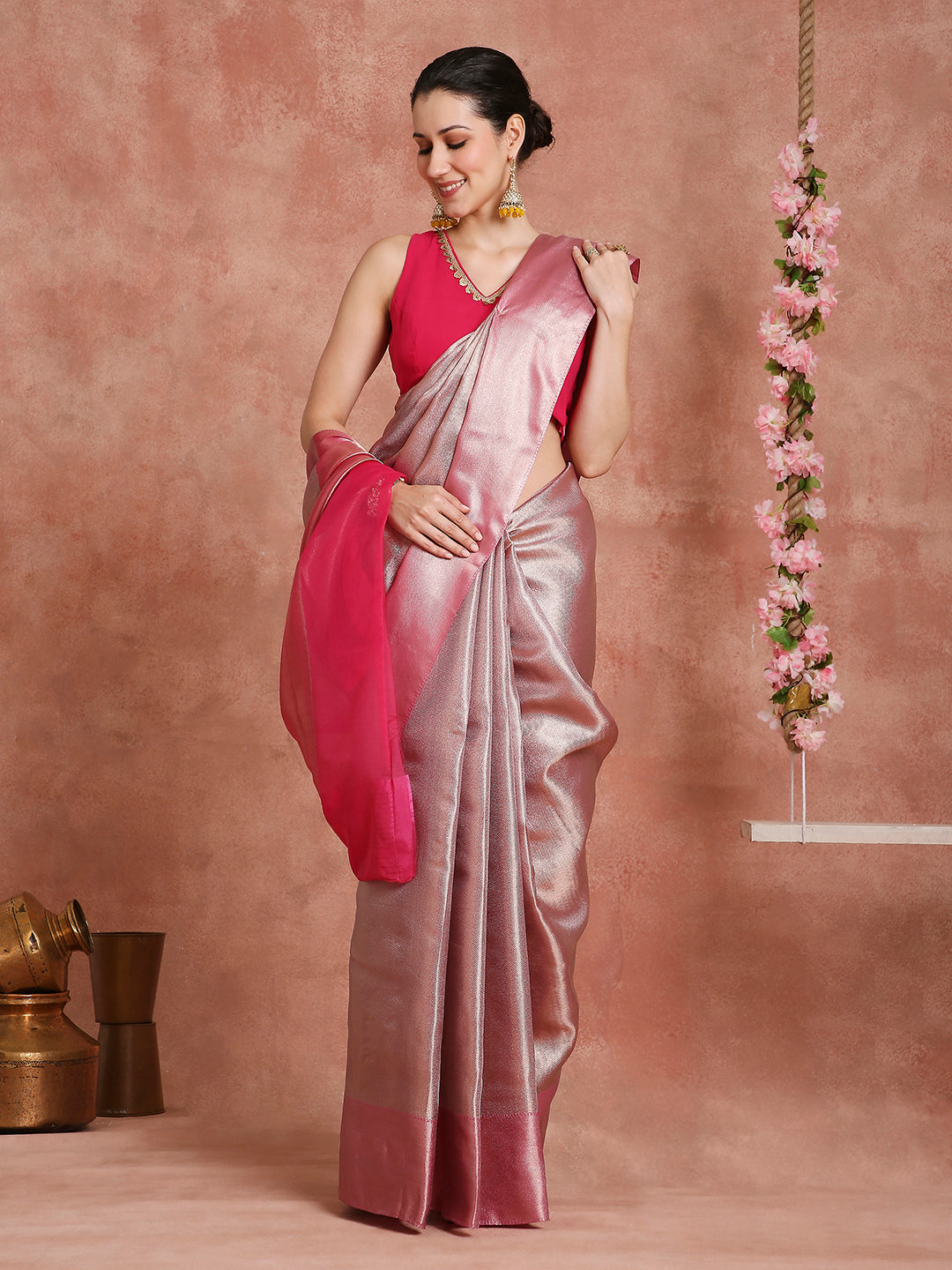 Womens's Handloom Kora Tissue Woven peach saree with zari pallu
