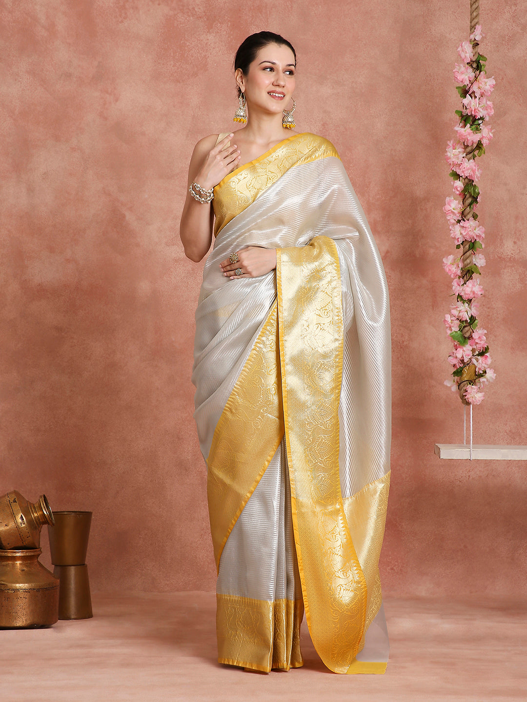 Womens's Handloom Kora Tissue Woven Silver saree with zari pallu
