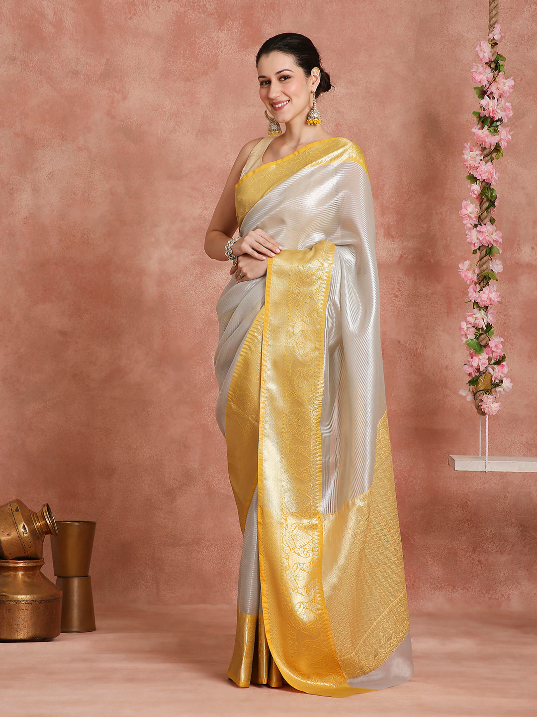 Womens's Handloom Kora Tissue Woven Silver saree with zari pallu