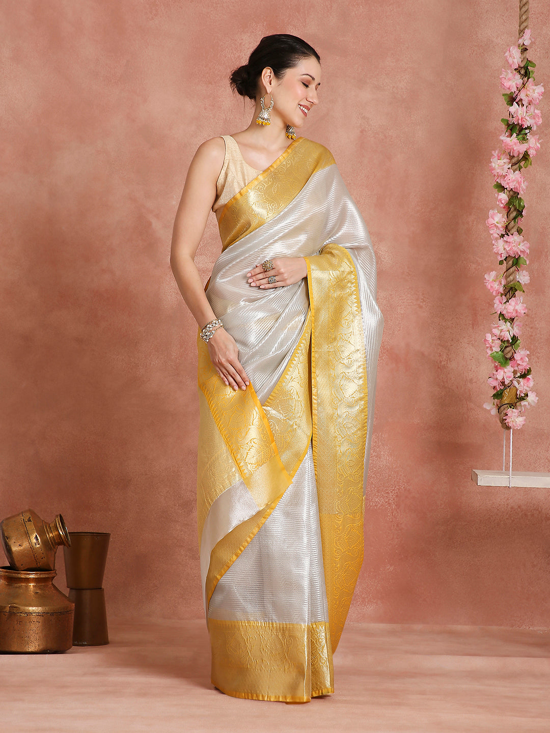 Womens's Handloom Kora Tissue Woven Silver saree with zari pallu