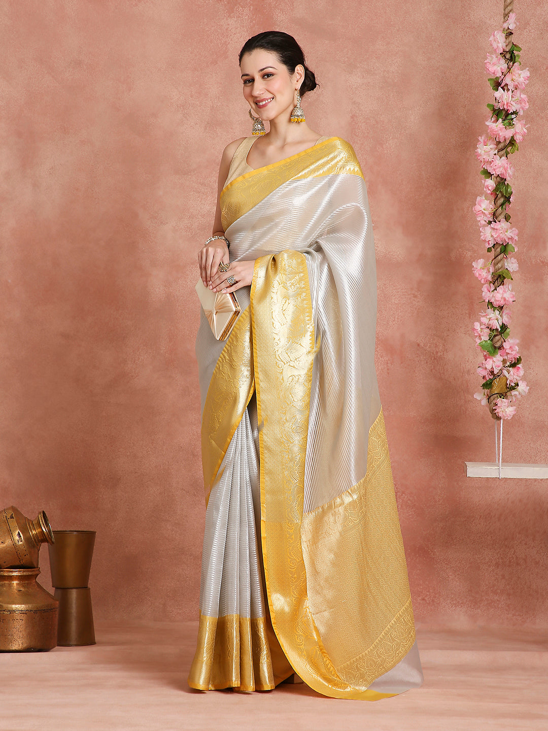 Womens's Handloom Kora Tissue Woven Silver saree with zari pallu