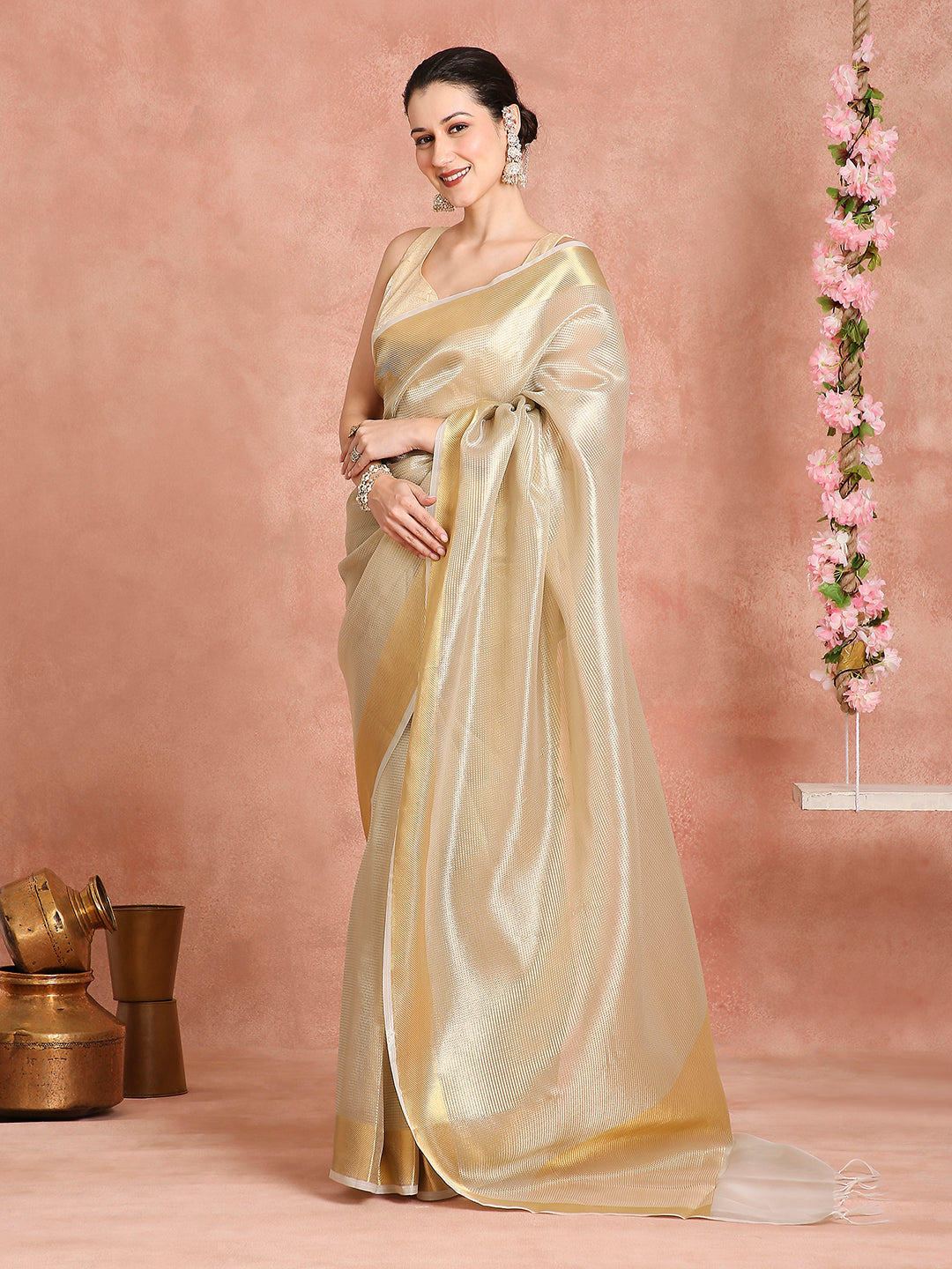 Womens's Handloom Kora Tissue Woven Golden saree with zari pallu
