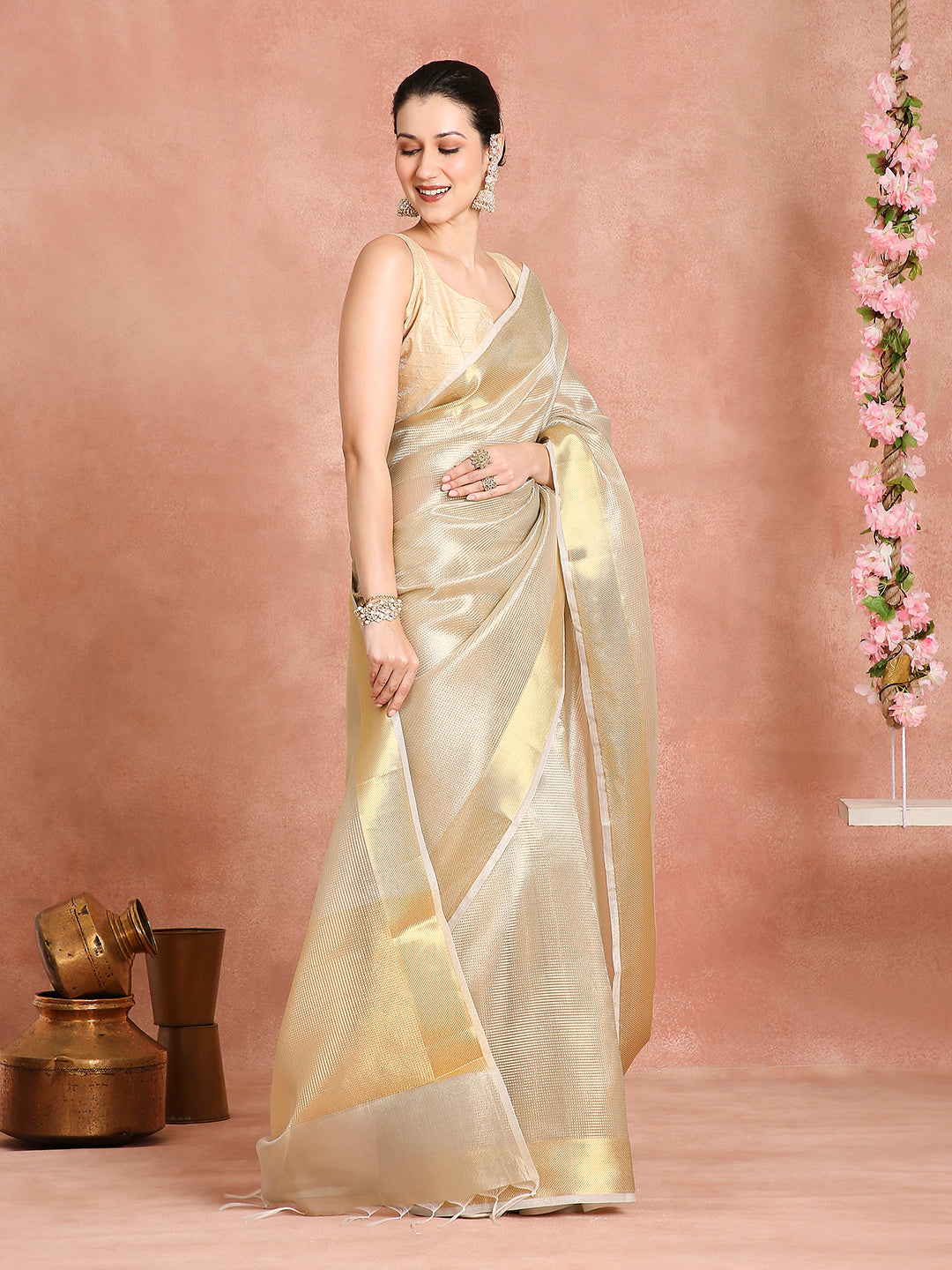Womens's Handloom Kora Tissue Woven Golden saree with zari pallu