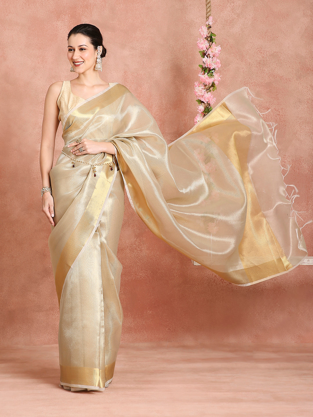 Womens's Handloom Kora Tissue Woven Golden saree with zari pallu