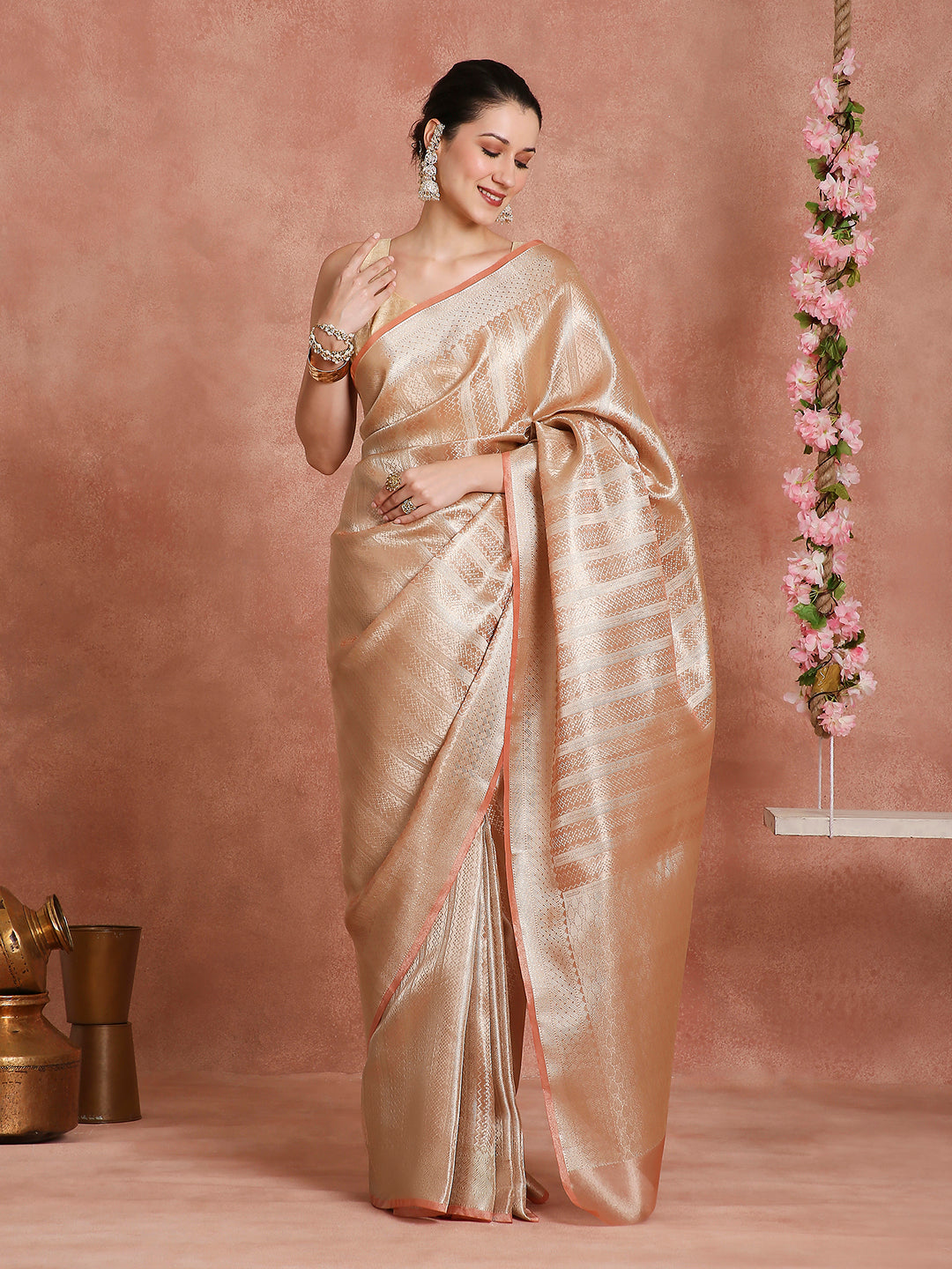 Womens's Handloom Kora Tissue Woven Copper saree with zari pallu