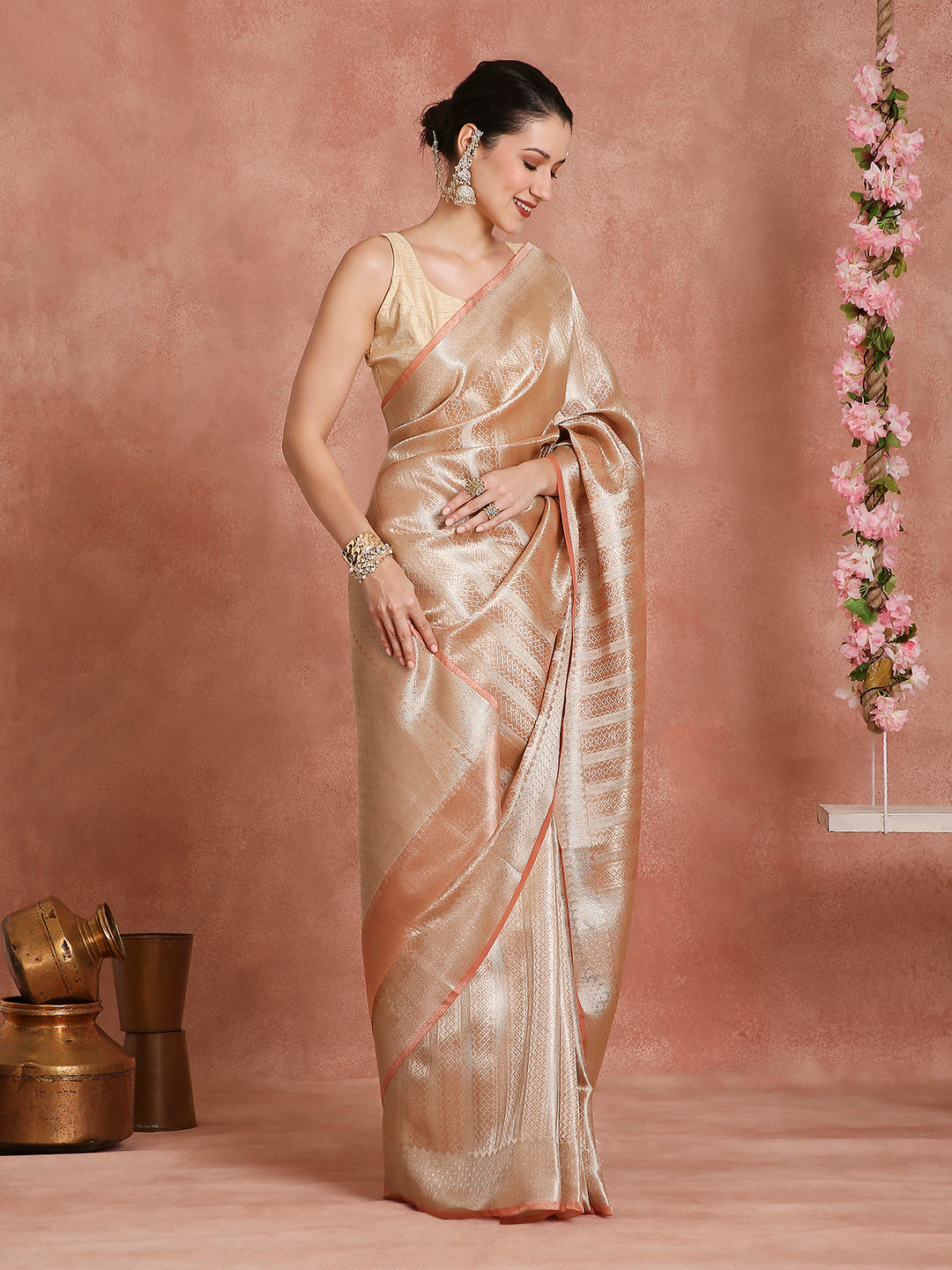 Womens's Handloom Kora Tissue Woven Copper saree with zari pallu