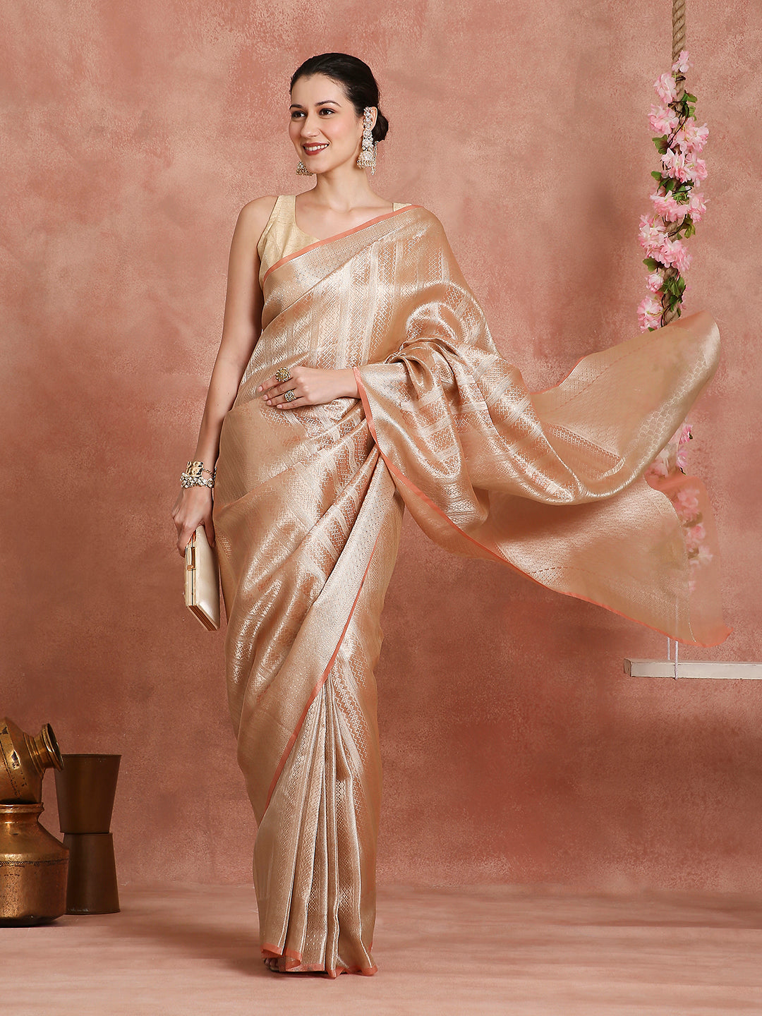 Womens's Handloom Kora Tissue Woven Copper saree with zari pallu