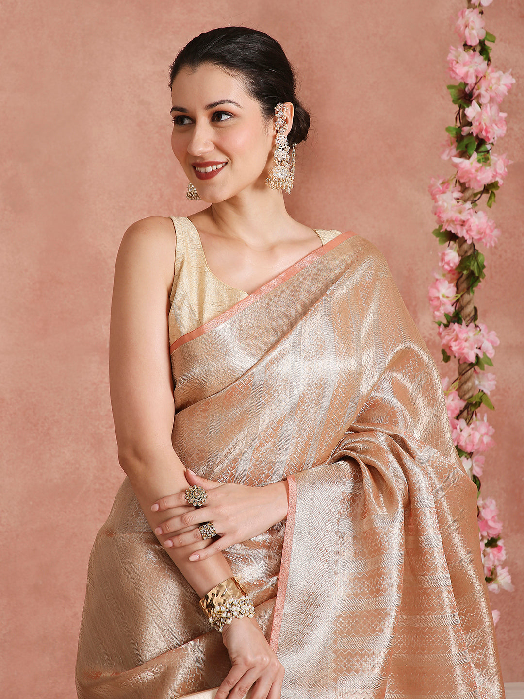 Womens's Handloom Kora Tissue Woven Copper saree with zari pallu