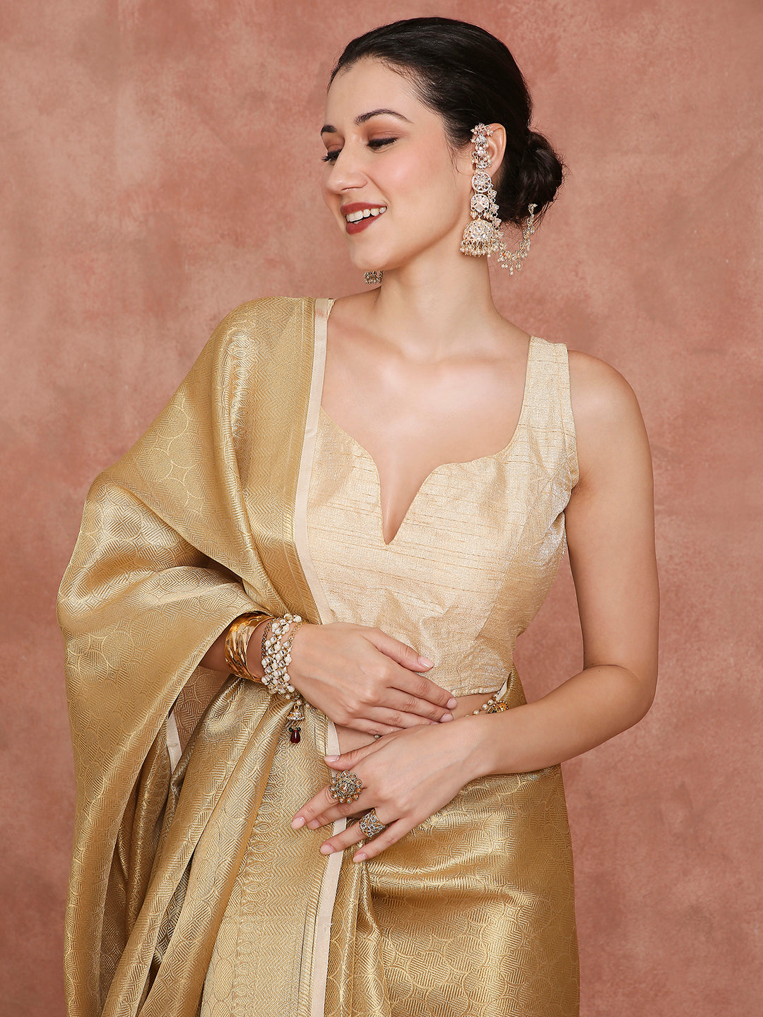 Womens's Handloom Kora Tissue Woven Golden saree with zari pallu