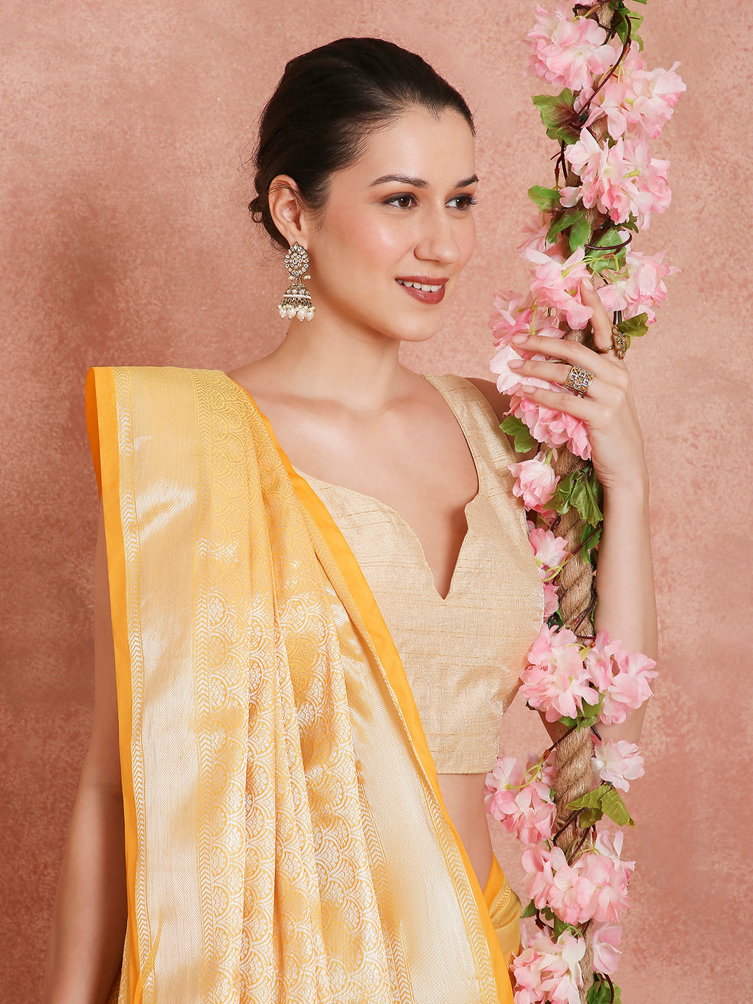 Womens's Handloom Kora Tissue Woven Yellow saree with zari pallu