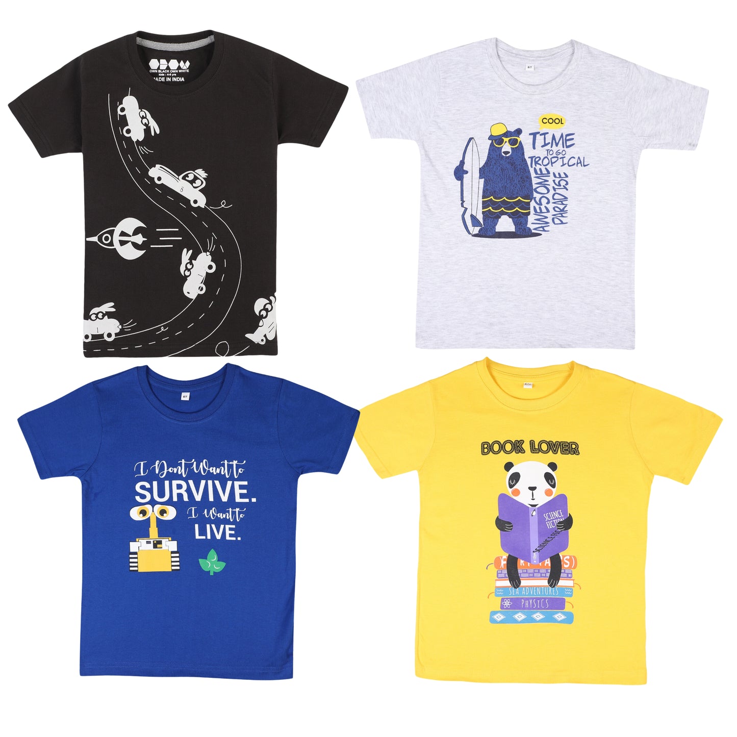 OBOW Boy's Cotton Printed Tshirt Combo (Pack of 4)