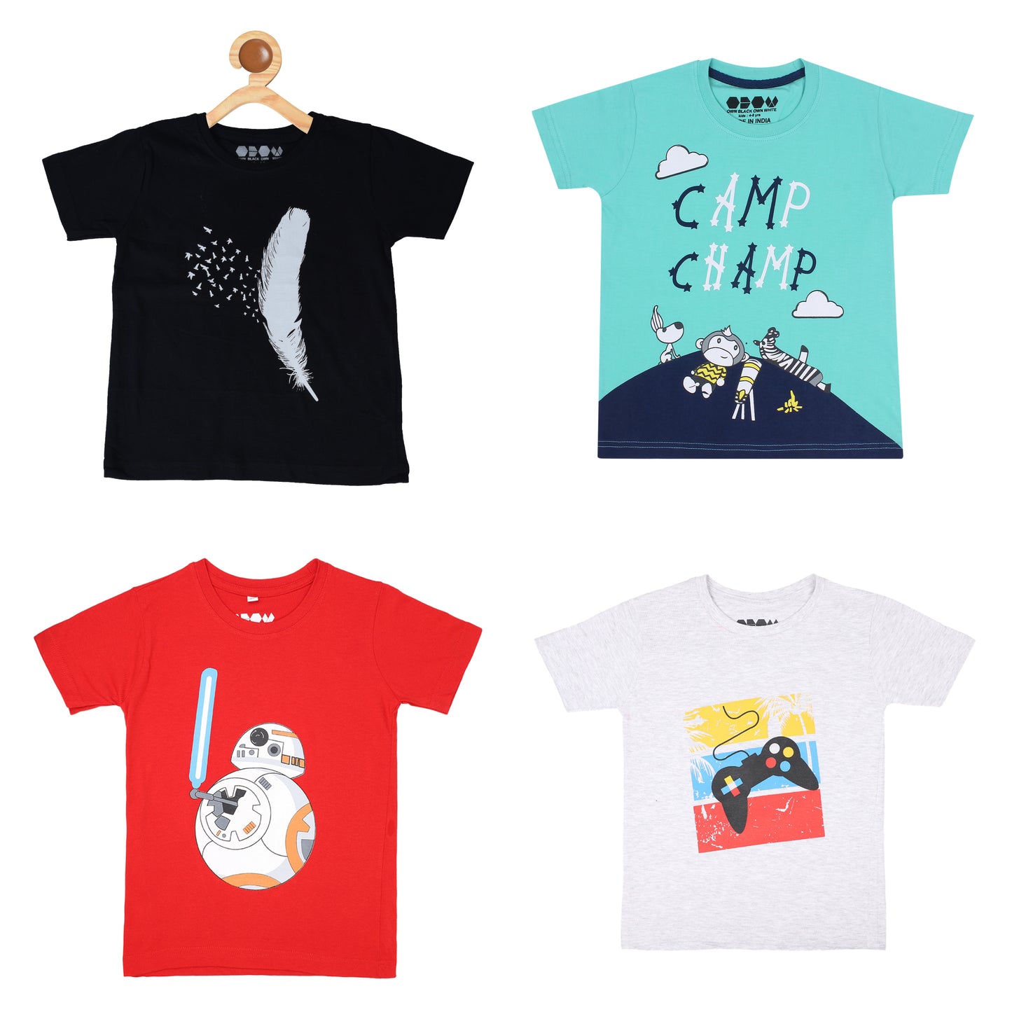 OBOW Boy's Cotton Printed Tshirt Combo (Pack of 4)