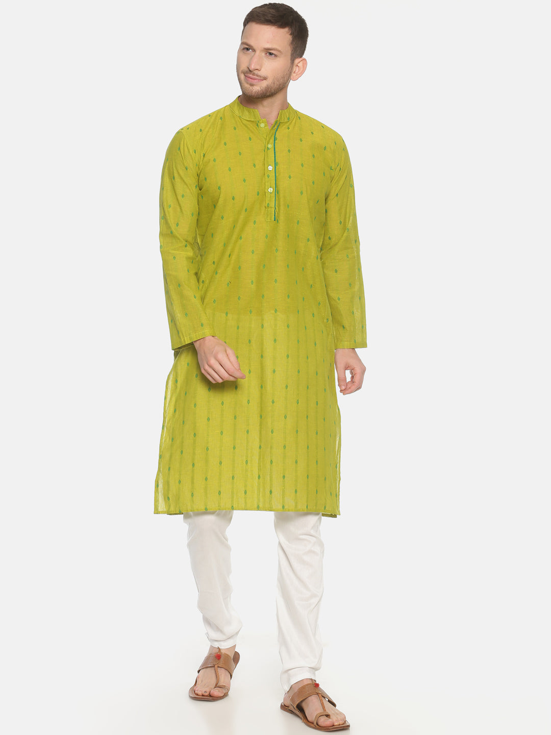 PAROKSH Men light green placket cotton Straight Kurta