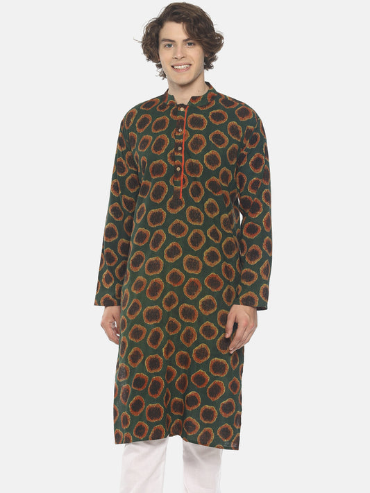 PAROKSH Men green floral cotton block print Straight Kurta