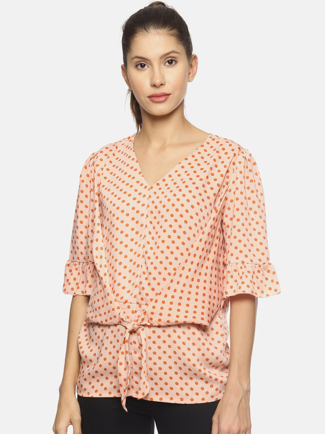 SAHORA Women orange polka dot Printed Top
