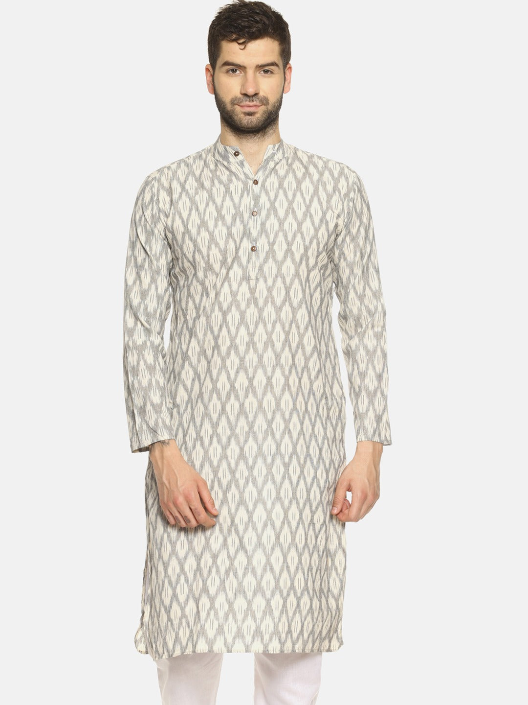 PAROKSH Men Cream-Coloured & Grey Ikat Straight Kurta