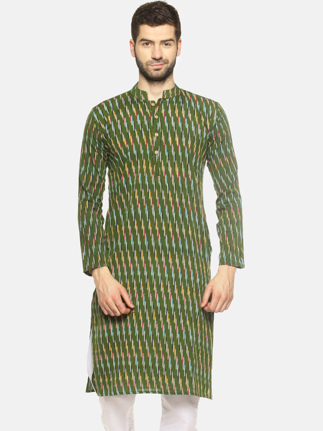 PAROKSH Men Green woven Ikat handloom Straight Kurta