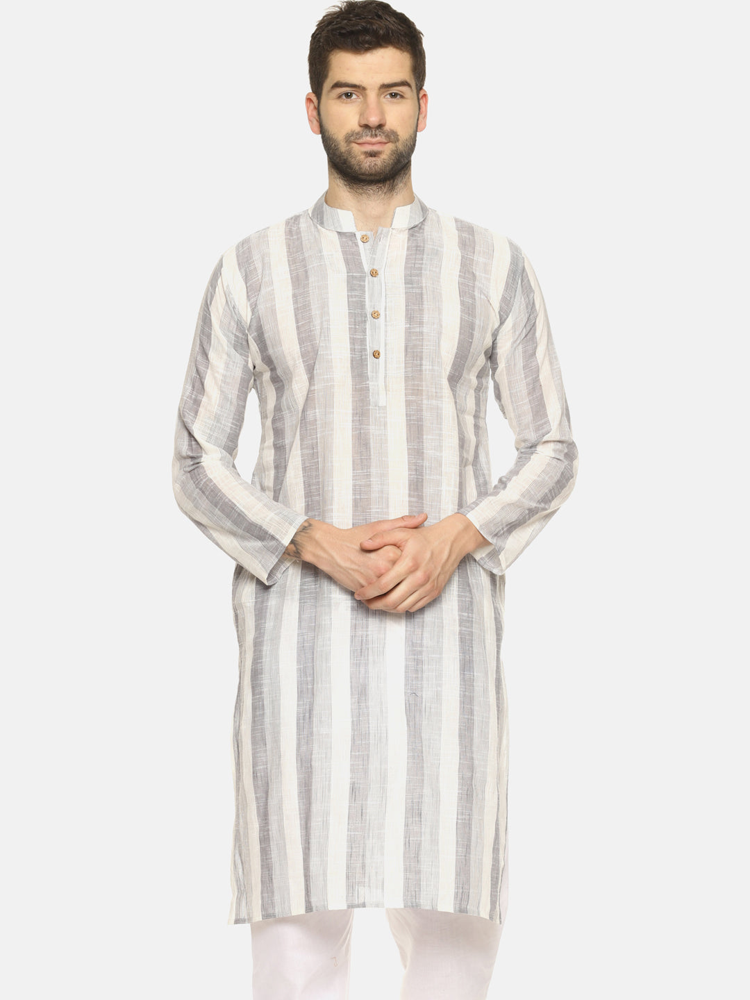 PAROKSH Men Grey & Cream-Coloured Striped Straight Kurta