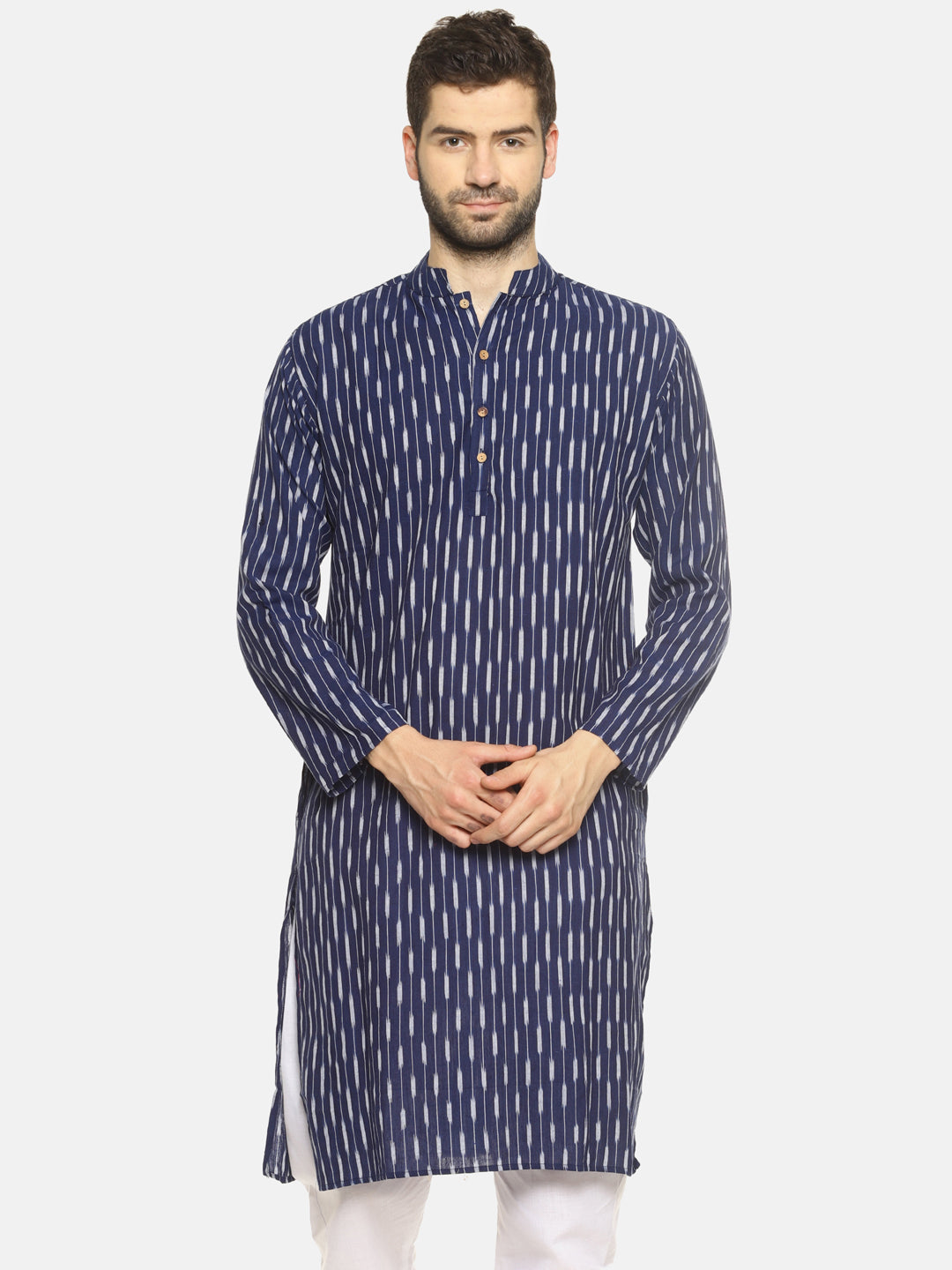 PAROKSH Men Navy Blue Ikat Striped Straight Kurta