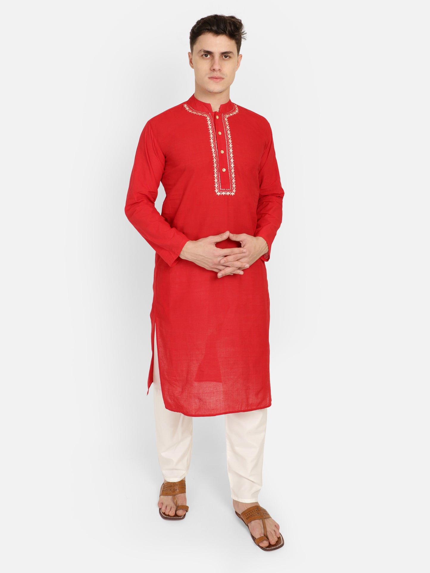 PAROKSH Men Red Embroidery Straight Kurta