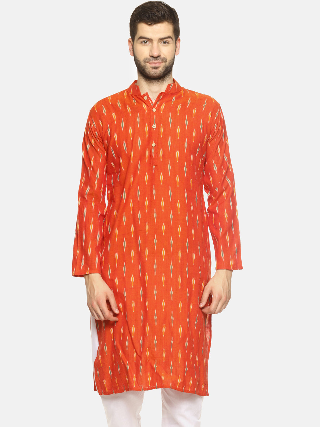 PAROKSH Men orange woven Ikat handloom Straight Kurta