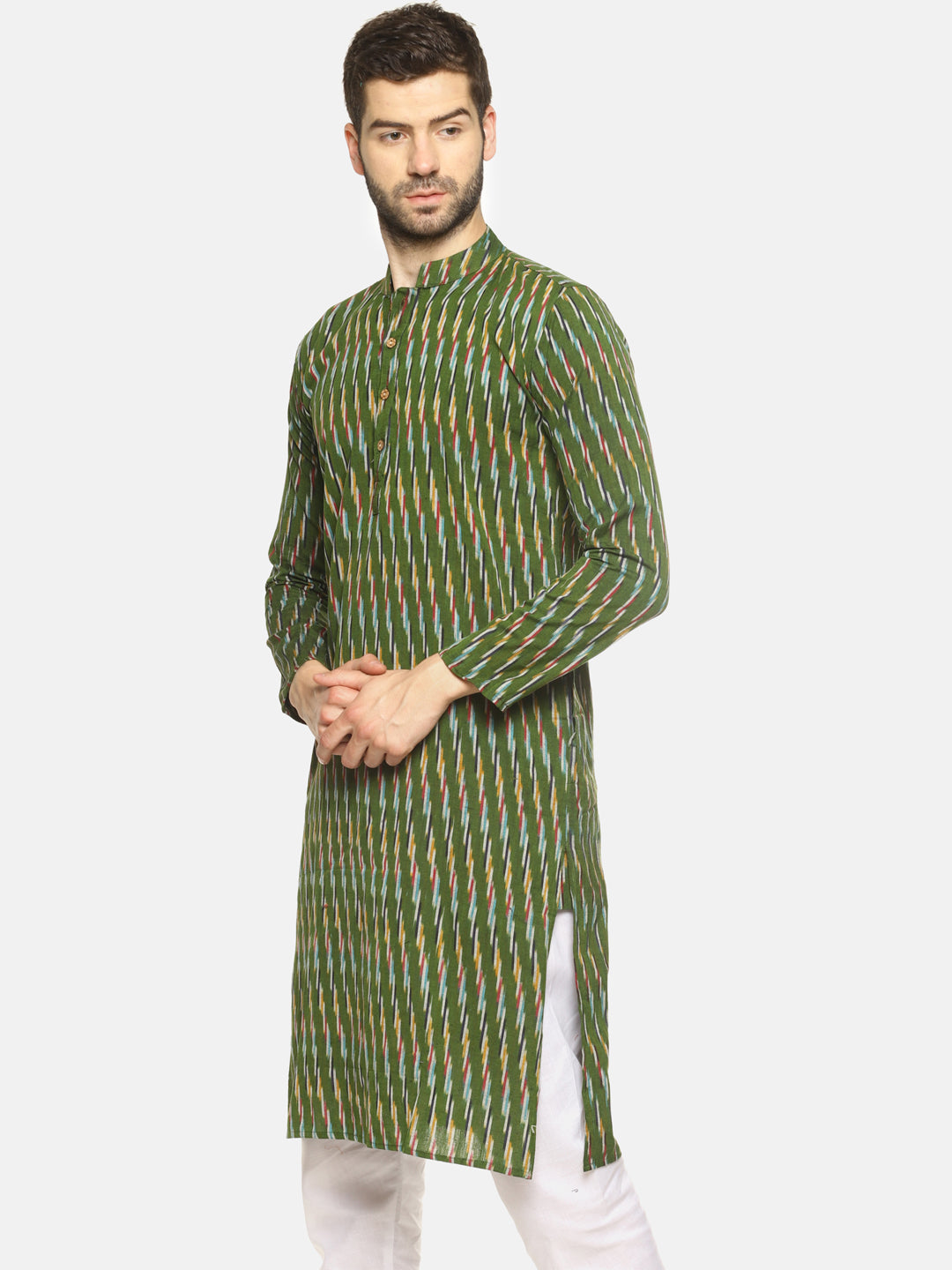 PAROKSH Men Green woven Ikat handloom Straight Kurta