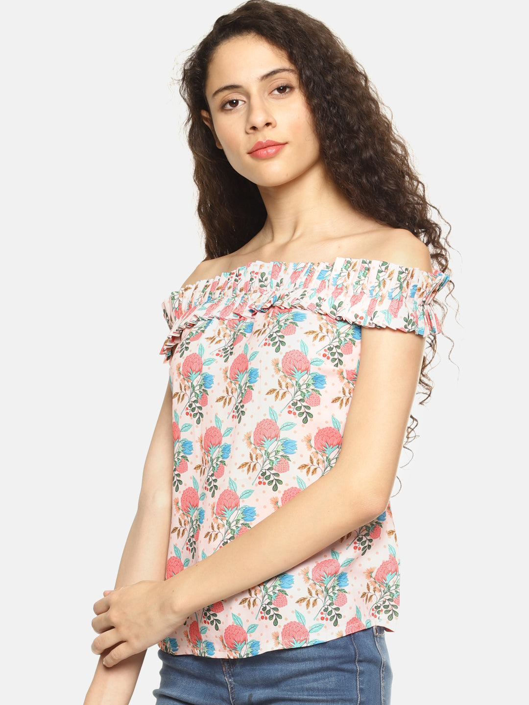SAHORA Women Peach & Blue Floral Print Bardot Top