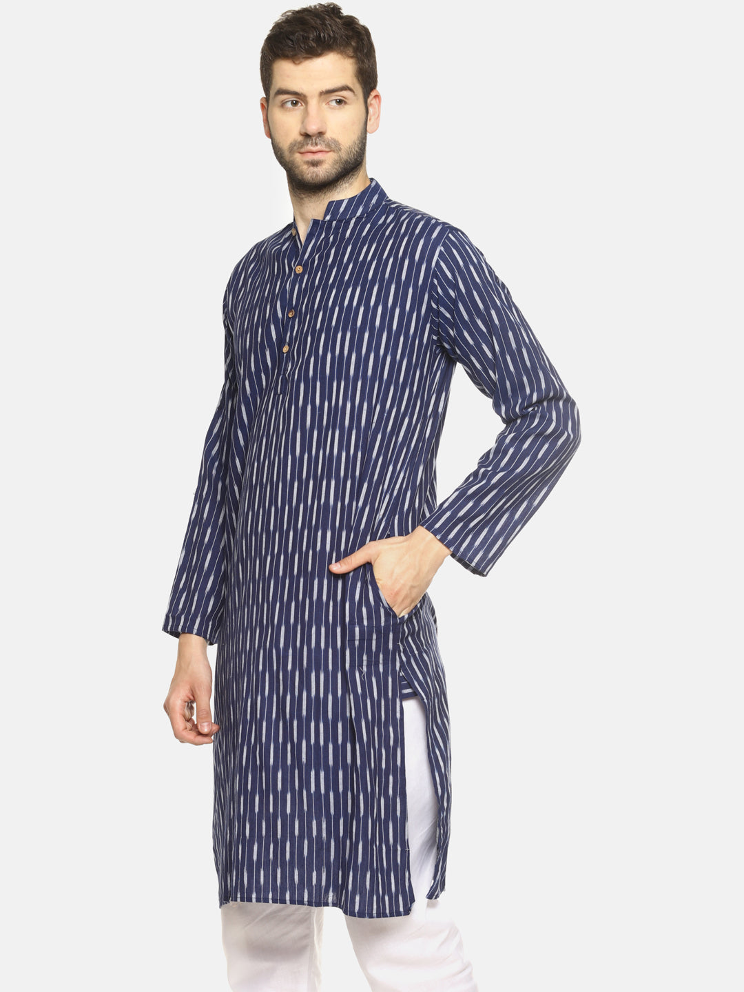 PAROKSH Men Navy Blue Ikat Striped Straight Kurta