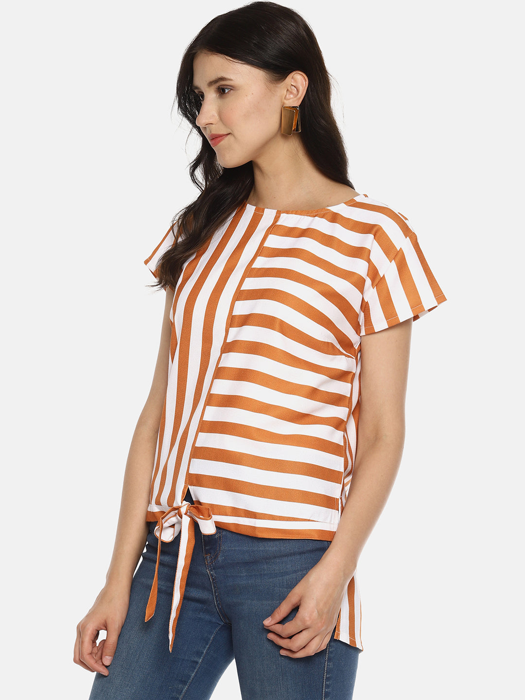 SAHORA Women orange striped Printed Top