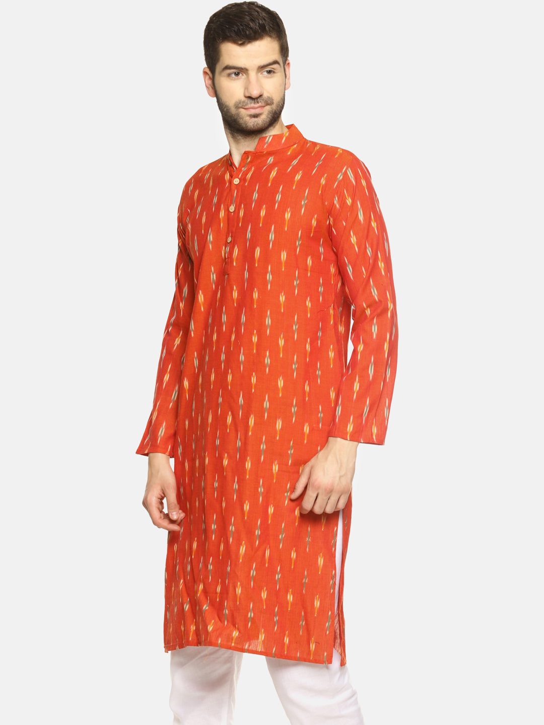 PAROKSH Men orange woven Ikat handloom Straight Kurta